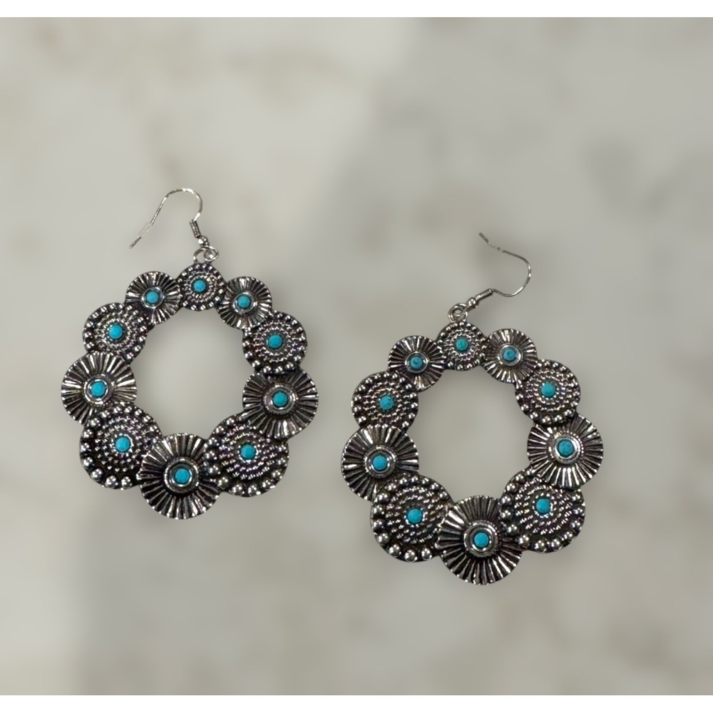 Silver Turquoise Color Stone Flower Design Western Style Earrings Bobo Cowgirl